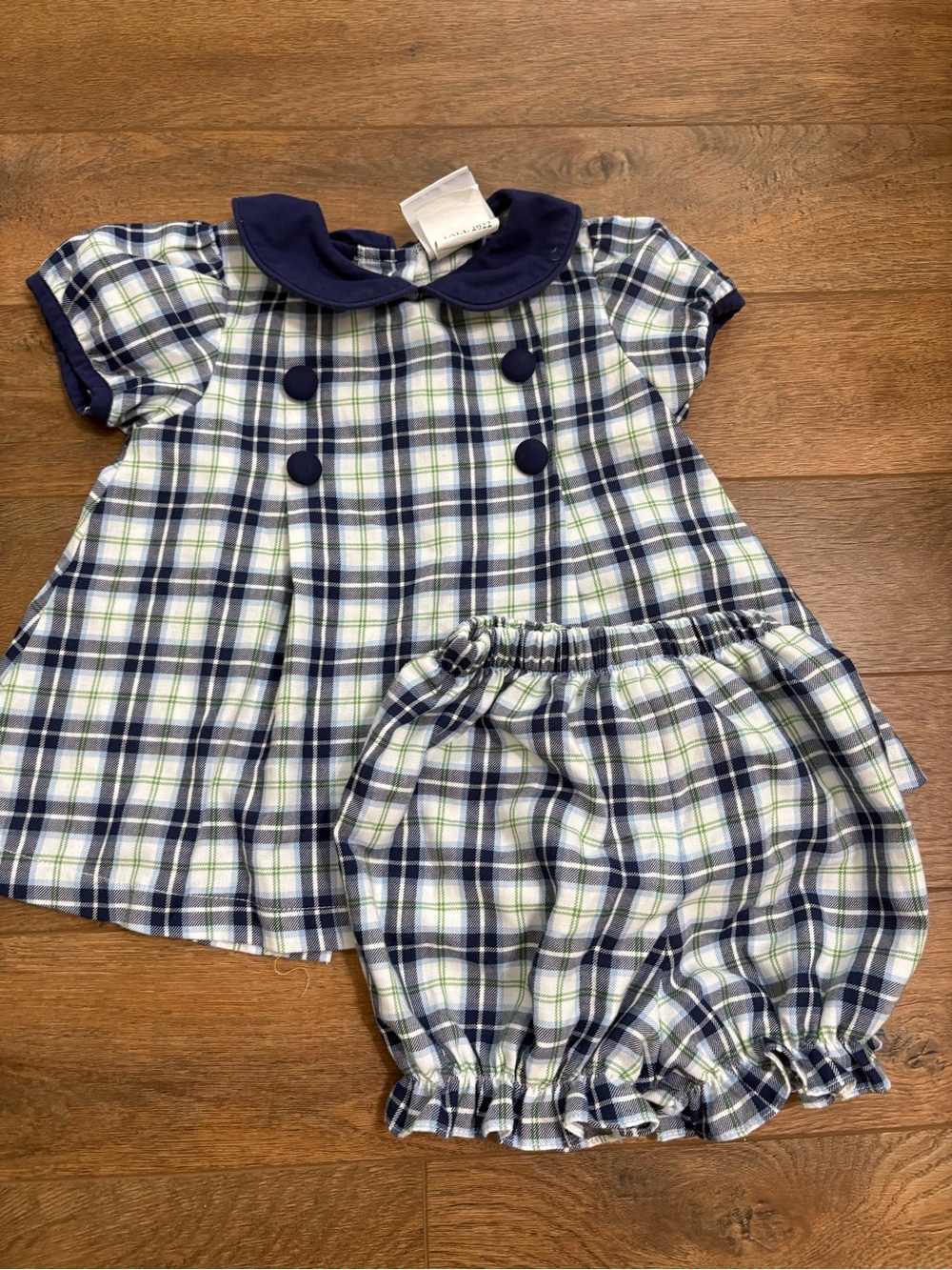 Delaney Baby Girls Plaid Dress & Bloomers Set 18M Blue Green Peter Pan Collar